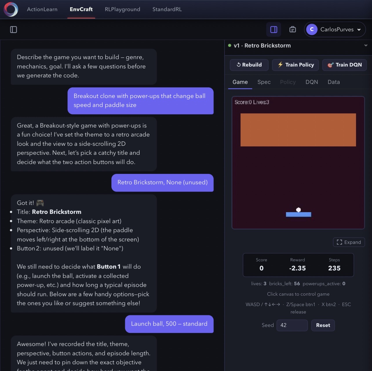 Example specification dialogue on EnvCraft. The system iteratively refines a free-text game description into a structured JSON specification, asking for clarification on objectives, win and lose conditions, reward terms, and difficulty. The structured specification then drives the nine-stage generation pipeline. This chat-based workflow—collecting title, theme, objective, terminal conditions, reward structure, and episode length—is the production instantiation of the brief-generation stage described in Chapter chapter:hierarchy.